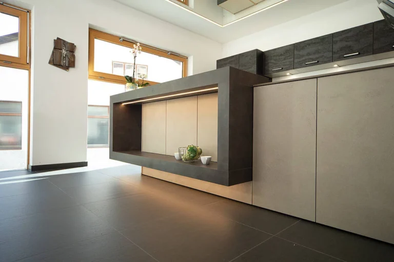 moderne Küche in Betonoptik und Baranbau in anthrazit inkl. LED-Beleuchtung